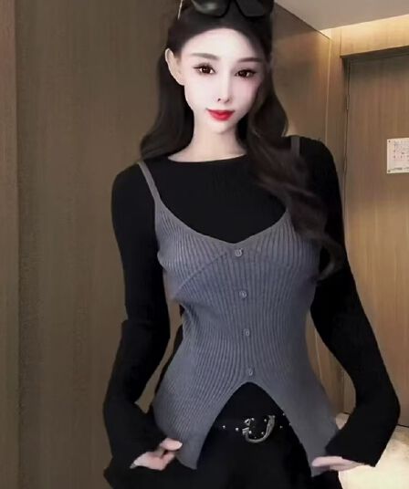 2026 봄 새로운 패션 라운드 넥 패치워크 외국 가스 털 니트 스웨터 여성 페이크 레이어드 몸매 가꾸기 슬림해 보이는 인사이드 잡아라. 의류