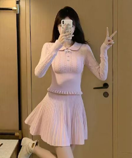 q 여자 집 새로 고침 학교 꽃 천 골드 센스 핑크색 긴팔 맨위 니트 스웨터 슈퍼 잘 생긴 가을 겨울 치마 세트