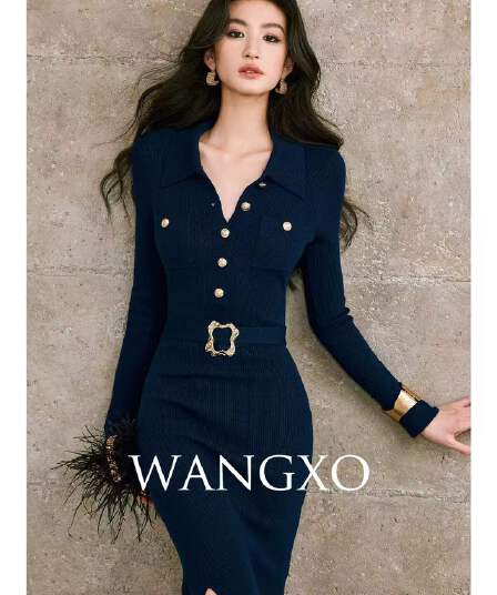 wangxo 섬세한 광택 실 높음 분화구 기사 니트 손 솔기 금속 버클 폴로 칼라 몸매 가꾸기 트임 드레스