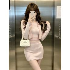 批发针织秋季长袖上衣少女感海盐香颂蓝格/粉格开衫+背心半裙三件套组