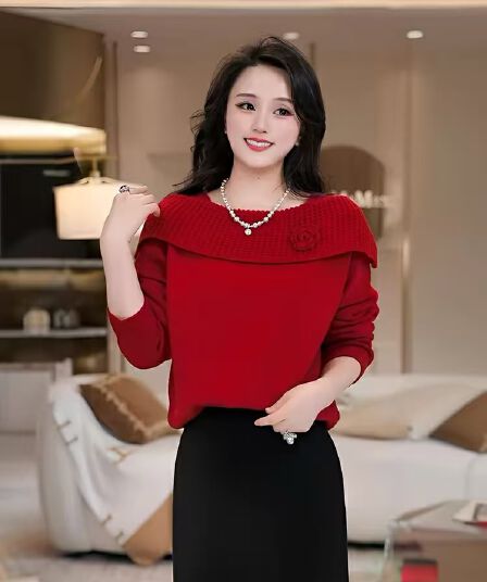 장미 그리스어 부드러운 장미 빨간색 오프숄더 스웨터 기본 셔츠 여성 가을 니트 스웨터 수 있습니다. 외출용 인사이드 가져 가라.