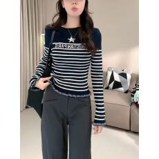 批发今年新款藏蓝色条纹针织衫女秋季洋气甜美时尚<b class='q'>街头</b>气质高级感上衣