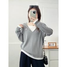 批发翠袖大码女装巨好看的早秋穿搭<b class='q'>胖</b><b class='q'>mm</b><b class='q'>连帽</b>假两件针织衫上衣显瘦毛衣