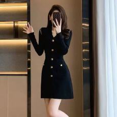 批发秋冬新款女装法式小香风<b class='q'>高档</b>黑色针织<b class='q'>连衣裙</b>女内搭长袖打底裙2026