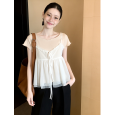 批发两件<b class='q'>套装</b><b class='q'>蕾丝</b>V领微透短袖吊带背心叠穿正肩木耳边短袖t恤女夏