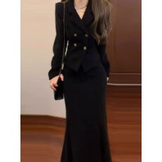 批发小香<b class='q'>风</b><b class='q'>赫本</b>黑色高级感西装外套鱼尾裙两件套装韩剧气质穿搭一整套