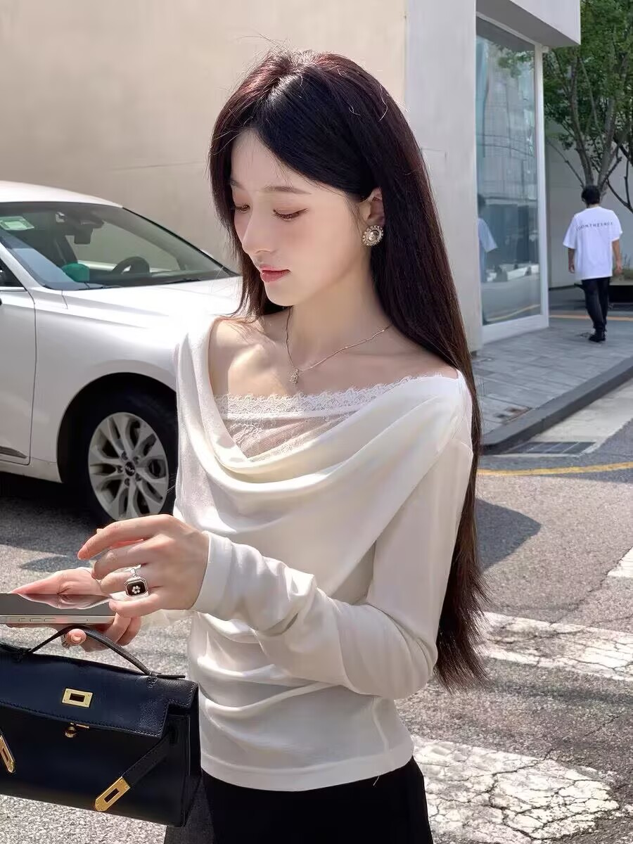 프랑스식 고급 센스 레이스 레이스 흔들다 칼라 긴팔 니트 긴 소매 티셔츠 흔들다 칼라 페이크 레이어드 레이스 조각 맨위