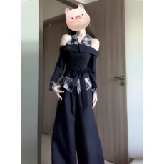 批发春季假两件挂脖格子上衣阔腿长裤两件套2026韩系独特超好看套装女