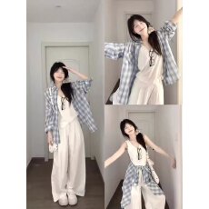 批发秋装搭配一整套蓝色格纹衬衫背心阔腿<b class='q'>裤</b><b class='q'>三件套</b>装洋气质随意慵懒风
