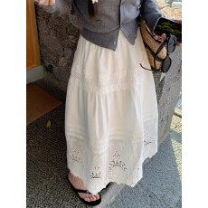 批发小众甜美镂空蕾丝钩花下摆半身裙<b class='q'>时尚</b>压褶设计松紧腰显瘦a字长裙