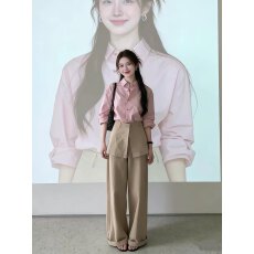 批发气质一整套ootd穿搭韩系巨好看粉色衬衫阔腿裤<b class='q'>两件套装</b>2026春季款