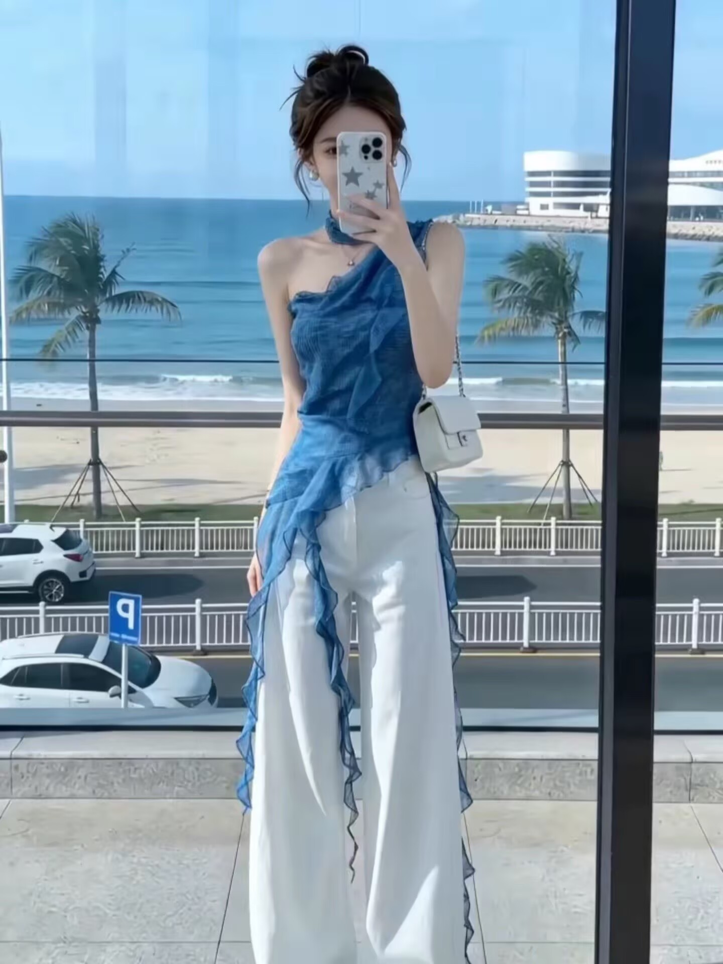여름 ootd 착용 가져 가라. 전체 집합 프랑스식 불규칙 프릴 맨위 세트 여성 2026 초기 여름 캐주얼 바지