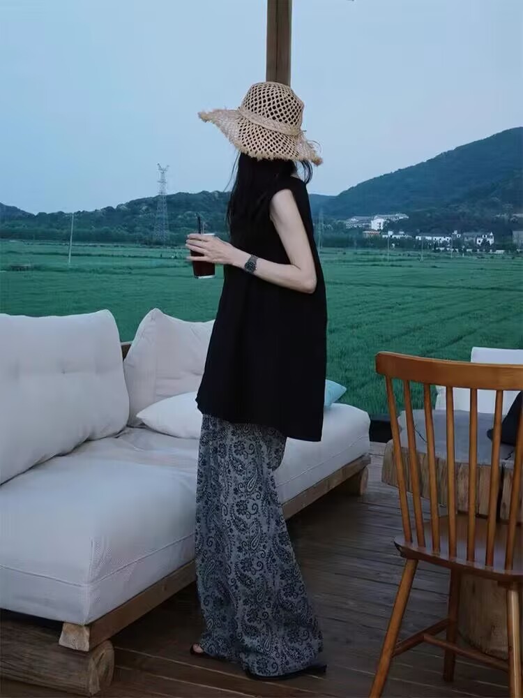 2026 슈퍼 화재 여름 드레스 전체 집합 느긋한 느슨함 센스 착용 가져 가라. 아마 조끼 프린트 와이드 레그 팬츠 캐주얼 세트 여성