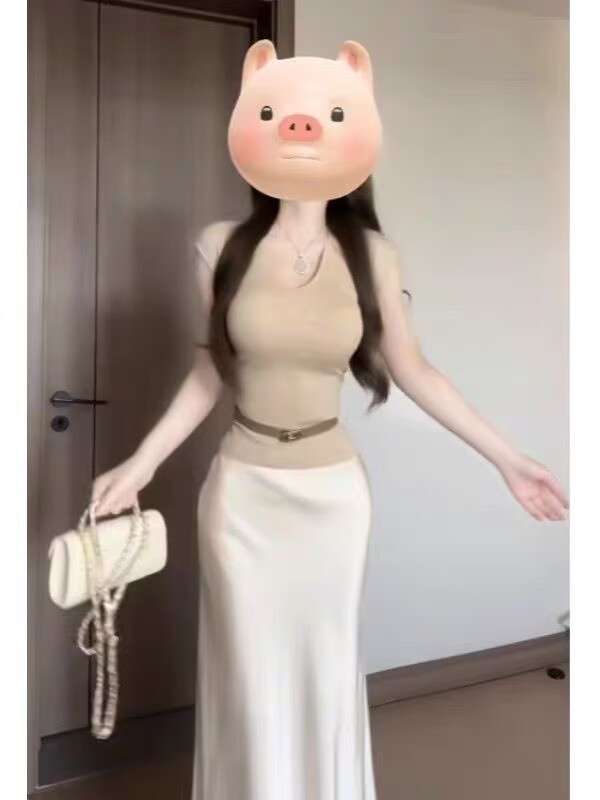 품격 전체 집합 ootd 착용 가져 가라. 고급 센스 레트로 반팔 맨위 아세트산 새틴 반신 스커트 투피스 슈트 여성