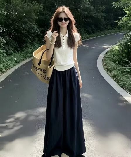 한 부서 그레이트 통해보기 가져 가라. 전체 집합 2026 새로운 화이트 polo 반팔 티셔츠 여성 여름 와이드 레그 팬츠 세트