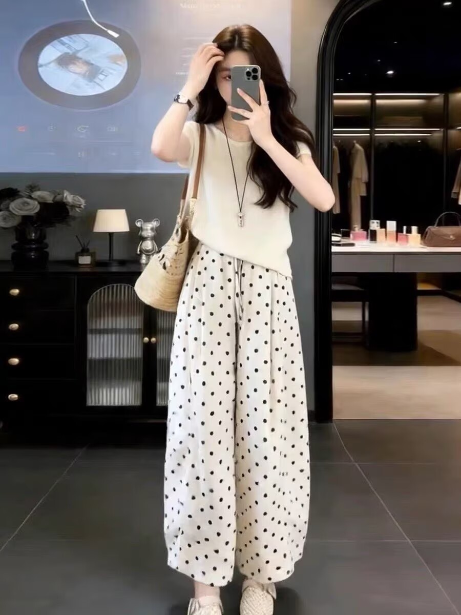 자이언트 잘 생긴 ootd 착용 가져 가라. 전체 집합 2026 새로운 반팔 티셔츠 여성 여름 와이드 레그 팬츠 캐주얼 투피스 슈트