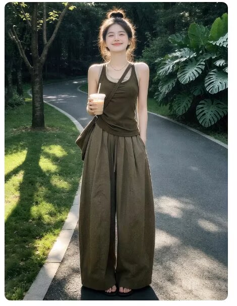 자이언트 잘 생긴 ootd 착용 가져 가라. 전체 집합 2026 새로운 페이크 레이어드 캐미솔 여름 와이드 레그 팬츠 어린이 세트