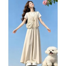 批发轻熟小众不撞款套装女<b class='q'>夏</b>季镂空钩花马甲短袖t恤宽松阔腿裤三件套