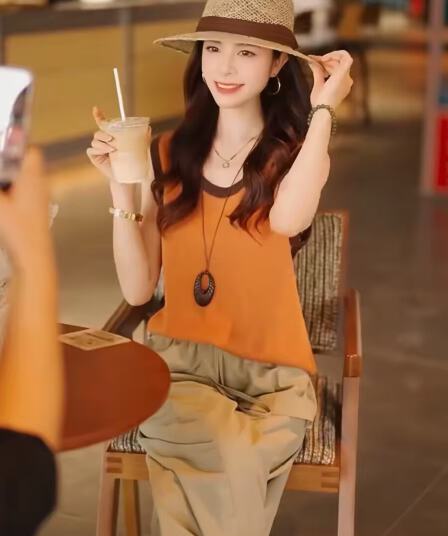 한 부서 여름 전체 집합 ootd 착용 가져 가라. 패션 외국 가스 패치워크 색상 홀로우 아웃 민소매 조끼 방귀 커튼 9부 바지 세트