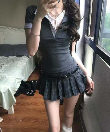자이언트 잘 생긴 ~ 중 여름 세트 작은 키 아메리칸 핫걸 레이스 조각 V넥 티셔츠 맨위 플리츠 스커트 투피스 세트