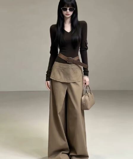 자이언트 잘 생긴 ootd 이른 가을 착용 가져 가라. 전체 집합 2026 새로운 V넥 긴팔 맨위 여성 와이드 레그 팬츠 투피스 슈트