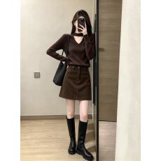 批发韩系时尚减龄套装女春秋洋气质针织打底衫高腰A字半身<b class='q'>短裙</b>两件套