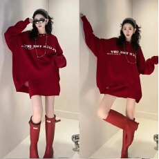 批发颖子定制幸运日~圆领字母套头毛衣女a字显瘦半身裙套<b class='q'>装</b>