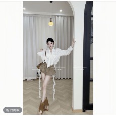 批发相爱在街头自制v领蝴蝶结衬衫/咖色花苞裙裤