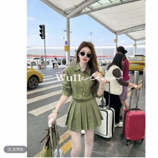 批发Wu11 Cleven亚麻两件套收腰中长款百褶长袖衬衫+短<b class='q'>裤</b>