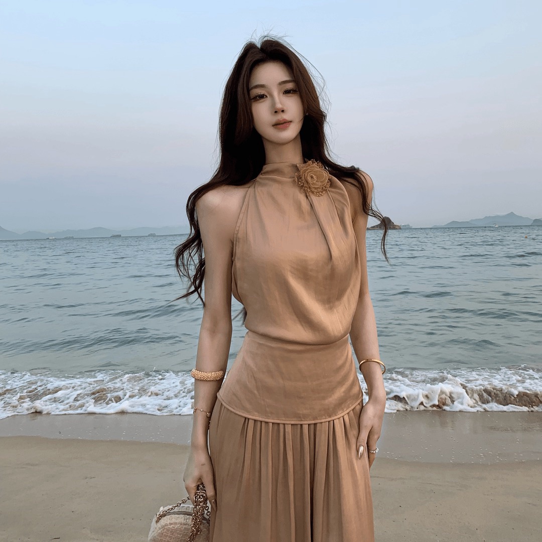 무쯔리 목자이 ~ 중 리 해풍 오버롤 빛 요리 한 바람 새틴 광택 민소매 도루 가을 와이드 레그 팬츠 슬림해 보이는 투피스 세트