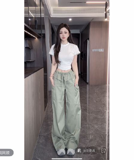 남자 남자 한 부서 레이스 측면 패치워크 라운드 넥 맨위 한국 스타일 거리 연꽃 잎 뒤집다 측면 워크웨어 팬츠 캐주얼 바지 세트