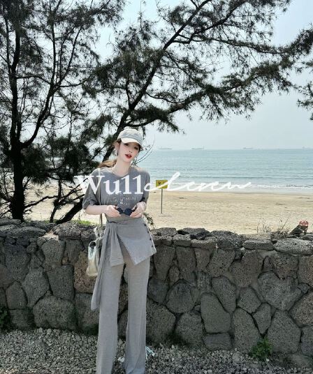 wu11 오리지널 다용도 라운드 넥 루즈핏 반팔 티셔츠 허리 인감 높은 허리 바지 패션 3종 세트 v