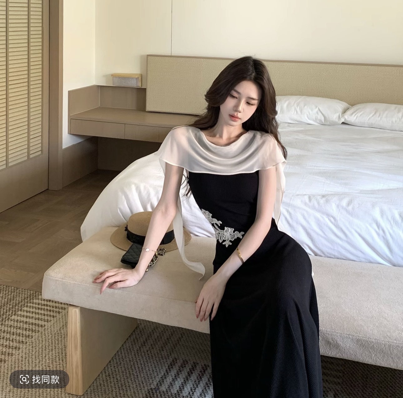 무쯔리 목자이 ~ 중 리 잉크 실 숙박 화이트 새로운 중식 자수 몸매 가꾸기 아니요 해체 패치워크 쉬폰 숄 드레스