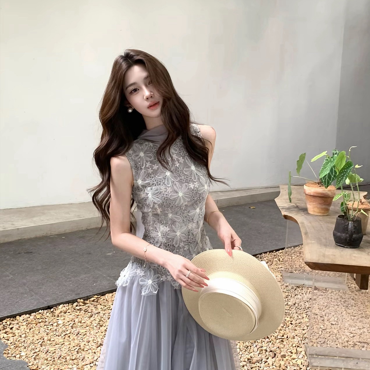 무쯔리 목자이 ~ 중 리 제직 밀가루 포함 꽃 감기 품격 3 차원 꽃잎 레이스 망사 패치워크 민소매 허리 수축 맨위