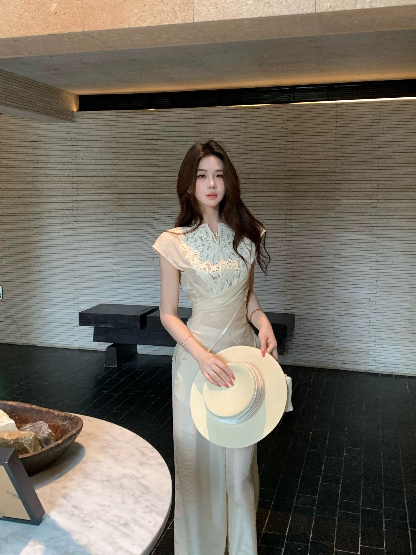 무쯔리 목자이 ~ 중 리 대나무 커튼 서식지 부드러운 디자인 센스 레이스 조각 마이크로 ~을 통해 레이스업 맨위 주간 실크 와이드 레그 팬츠 세트