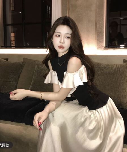 무쯔리 목자이 ~ 중 리 밤 물론 矜 부드러운 디자인 센스 배색 니트 패치워크 프릴 맨위 새틴 반신 스커트 여성