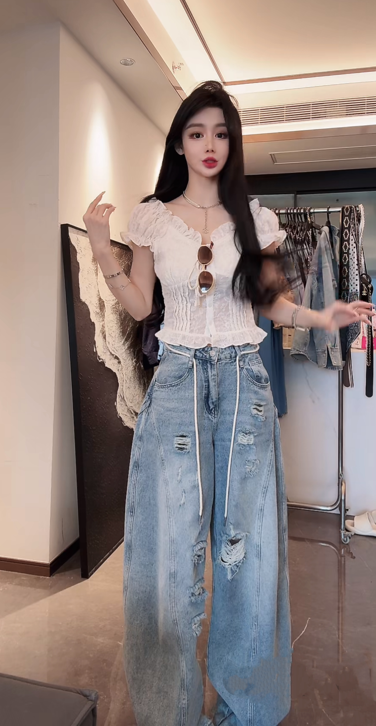 xu jing 밝은색 찢어진 부분 모통이 칼 청바지 포함 허리 로프 패션 루즈핏 맨위