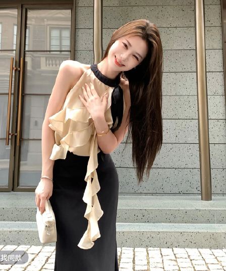 무쯔리 목자이 ~ 중 리 제커우 시리아 부드러운 빛 요리 한 바람 민소매 행침 목 프릴 맨위 하이웨이스트 새틴 반 스커트 세트