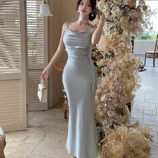 批发实拍高级感法式绝美性感纯欲包臀鱼尾中长款假两件缎面<b class='q'>礼服</b>打底<b class='q'>裙</b>