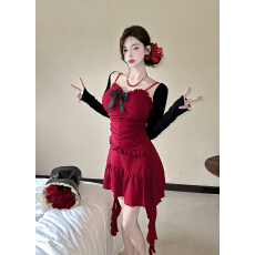 批发实拍辣妹风红色荷叶边吊带<b class='q'>连衣裙</b>秋收腰显瘦飘带a字短裙轻薄开衫