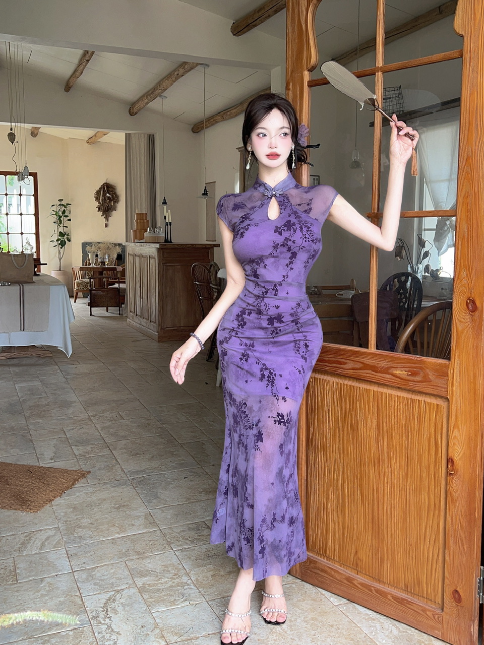 실사 새로운 중식 레트로 향상된 버전 소녀 치파오 여성 여름 헤일로 염색 꽃무늬 홀로우 아웃 몸매 가꾸기 인어 꼬리 점프 슈트 롱 스커트