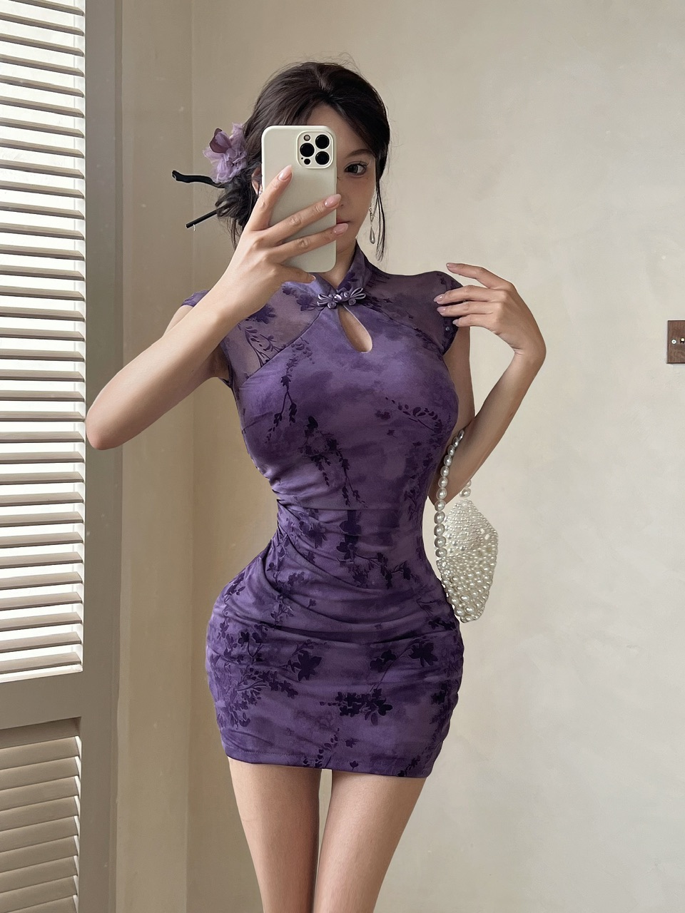 실사 새로운 중식 핑크색 치파오 감기 비싼 가스 센스 꽃무늬 민소매 드레스 소녀 섹시함 허리 수축 타이트 스커트