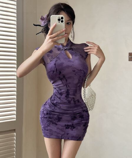 실사 새로운 중식 핑크색 치파오 감기 비싼 가스 센스 꽃무늬 민소매 드레스 소녀 섹시함 허리 수축 타이트 스커트