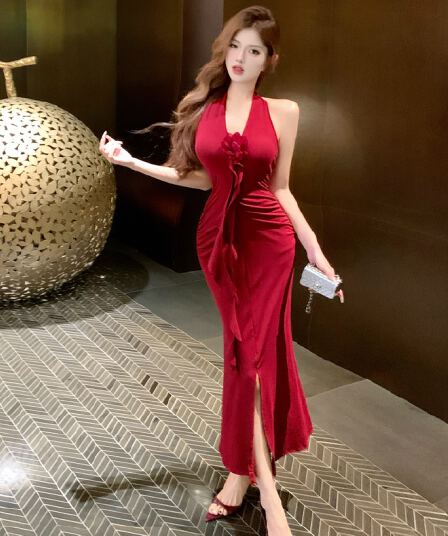 실사 부드러운 바람 우아함 품격 고급 센스 행침 목 V넥 예복 치마 2026 새로운 트임 섹시함 타이트 스커트