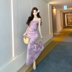 批发实拍江南美人绝美高级感温柔纯欲性感<b class='q'>网纱</b>渐变粉紫碎花吊带连衣裙