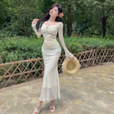 批发实拍贵气感千金穿搭亮片拼接长袖连衣裙气质名媛超好看收腰<b class='q'>礼服</b>裙