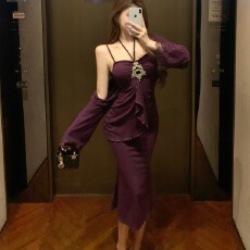 批发实拍纯欲风高级感挂脖吊带<b class='q'>连衣裙</b>收腰气质长裙防晒开衫两件套