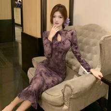 批发实拍新中式复古优雅女装连衣<b class='q'>裙</b>修身显瘦植绒<b class='q'>网纱</b>包臀改良版旗袍<b class='q'>裙</b>