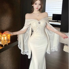 批发实拍江南美人绝美高级感温柔纯欲飘带连肩袖设计感<b class='q'>礼服</b>显瘦打底<b class='q'>裙</b>