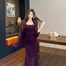 批发实拍辣妹纯欲小性感紫色蕾丝拼接吊带鱼尾修身<b class='q'>包臀</b>防晒开衫两件套